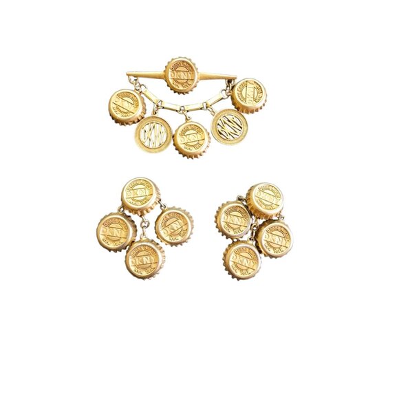 Vintage 80s DKNY Matte Gold Bottle Cap Brooch & Earrings Set (A2591)